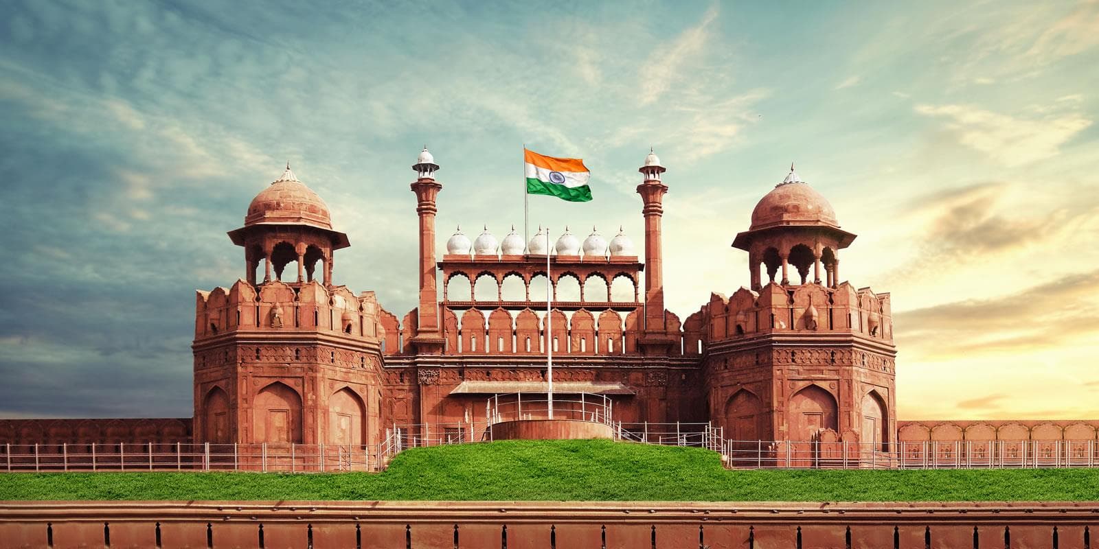 Red Fort sandstone ramparts and Lahori Gate in Old Delhi
