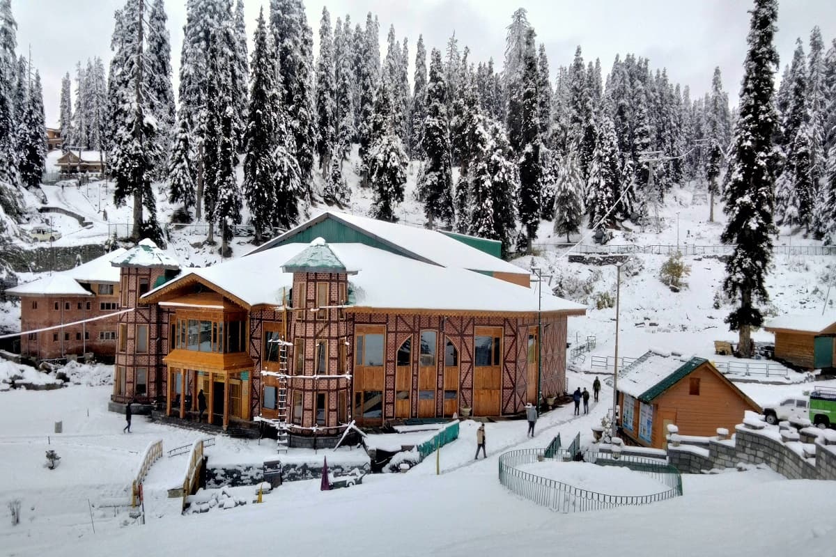 Snow-covered Gulmarg meadows with Himalayan peaks in the background
